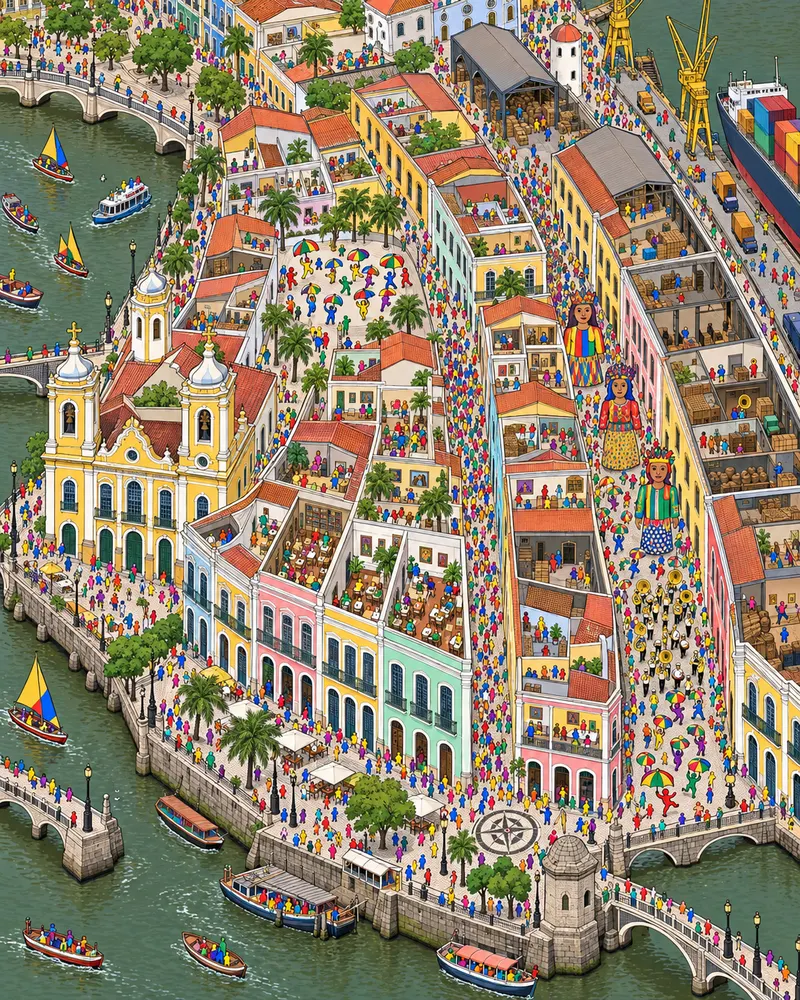 Pintura de Bairro do Recife, no Recife. Pontes sobre o rio Capibaribe, casarões holandeses coloridos e som de trompetes ensaiando frevo. Quando o sol bate no asfalto quente do Marco Zero, a melhor decisão é procurar sombra e água. Tarde quente de sol de carnaval.