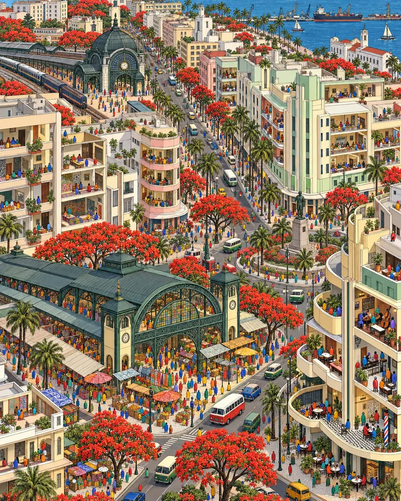 Pintura de Baixa, em Maputo. Avenida com acácias vermelhas floridas levando à velha estação ferroviária de ferro forjado. Café servido curto no balcão e peixe fresco no mercado de 1901 mostram um ritmo que não corre. Manhã de primavera com acácias floridas.