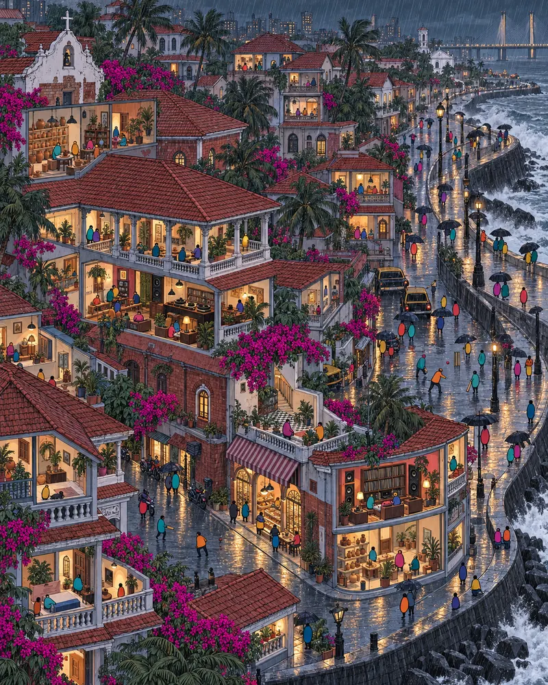 Pintura de Bandra West, em Mumbai. Vilas católicas caiadas de branco, varandas de madeira e marés batendo no paredão de pedra. O trânsito de Mumbai é enlouquecedor, mas estas ruelas costeiras ignoram a correria. Noite úmida de chuva de monção.