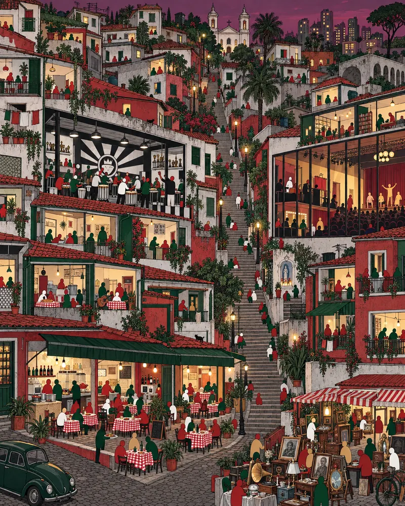 Pintura de Bixiga, em São Paulo. Cantina de toalha xadrez embaixo, ensaio de escola de samba em cima e uma escadaria entre os dois. O Bixiga nunca precisou escolher uma coisa só. Sábado no fim da tarde, céu cor de ameixa.
