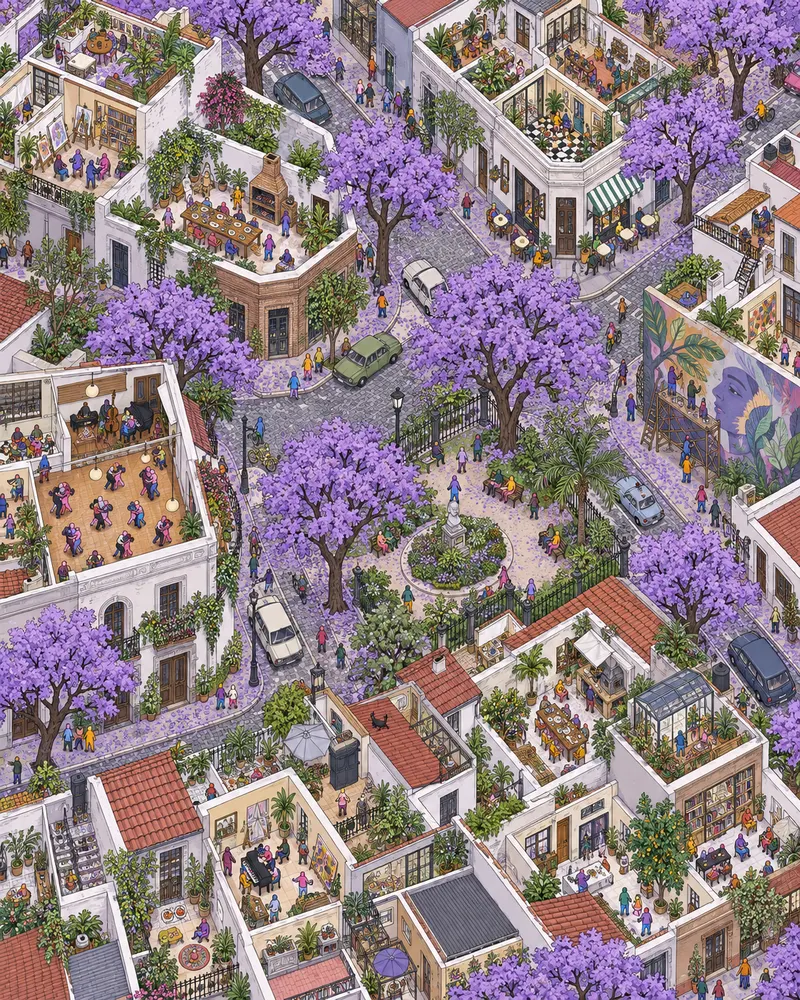Pintura de Chacagiales, em Buenos Aires. Portões baixos, calçadas com jacarandás e taças de vermute servidas com soda na esquina. Deixe Palermo para quem precisa de vitrine, porque o almoço de domingo bom fica por aqui. Tarde de primavera com jacarandás floridos.