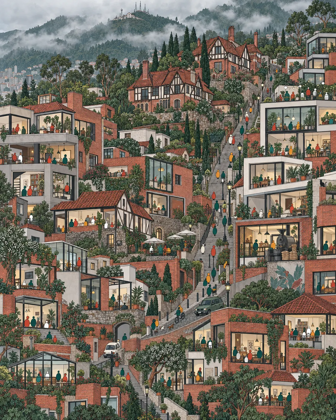 Pintura de Chapinero Alto, em Bogotá. Casas inglesas de tijolo aparente empoleiradas na serra fria. Subir a pé até os cafés de torra própria quase tira o fôlego, mas o chocolate quente com queijo resolve a subida. Manhã fria de neblina nas serras.