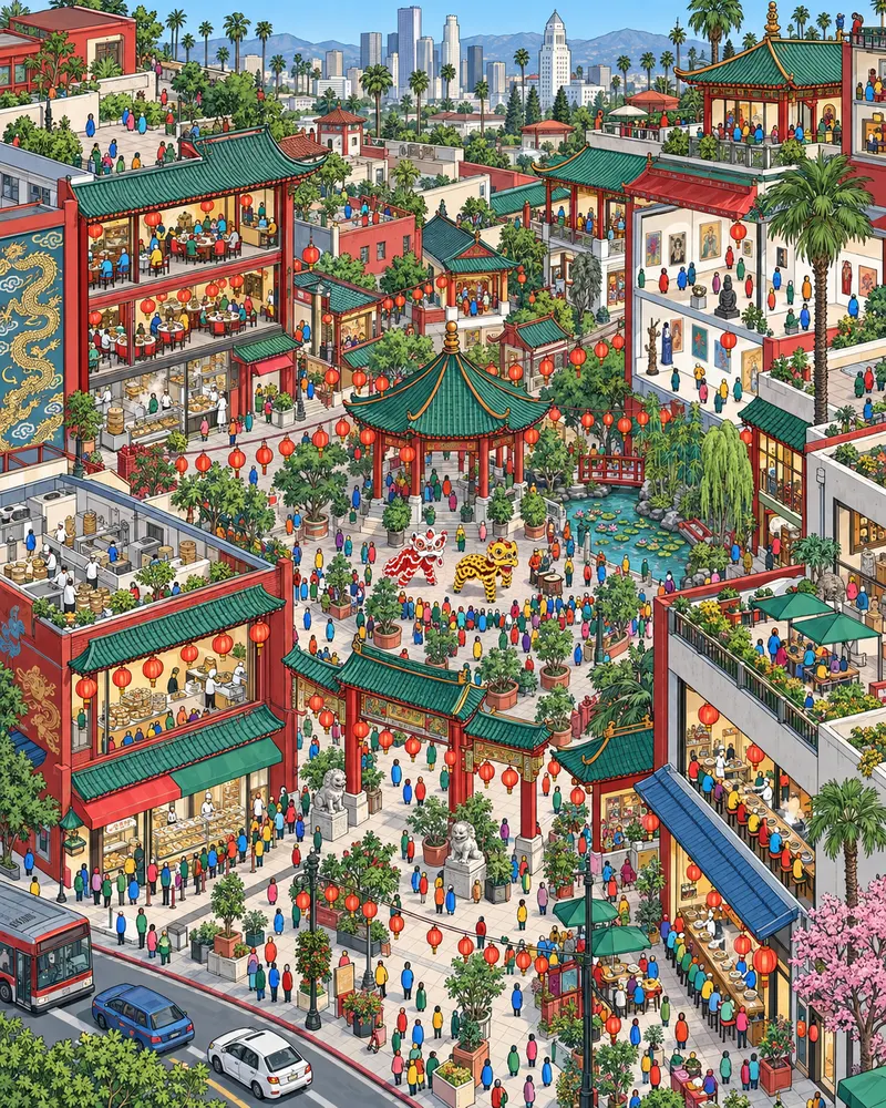 Pintura de Chinatown, em Los Angeles. Pagodes pintados de vermelho, letreiros antigos e galerias de arte que abriram onde ninguém esperava. Desconfio de chá caro, mas o pato laqueado aqui cala qualquer crítica. Fim de manhã sob céu limpo.