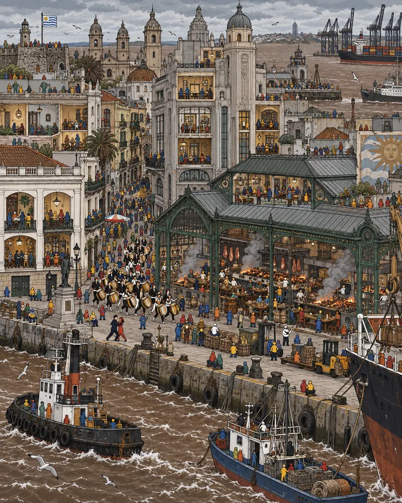 Pintura de Ciudad Vieja, em Montevidéu. Chapa de ferro do mercado portuário soltando fumaça de lenha grossa sobre cortes de carne. O vento que vem do rio da Prata gela os ossos, mas os tambores do candombe aquecem a calçada. Tarde de vento gelado no porto.
