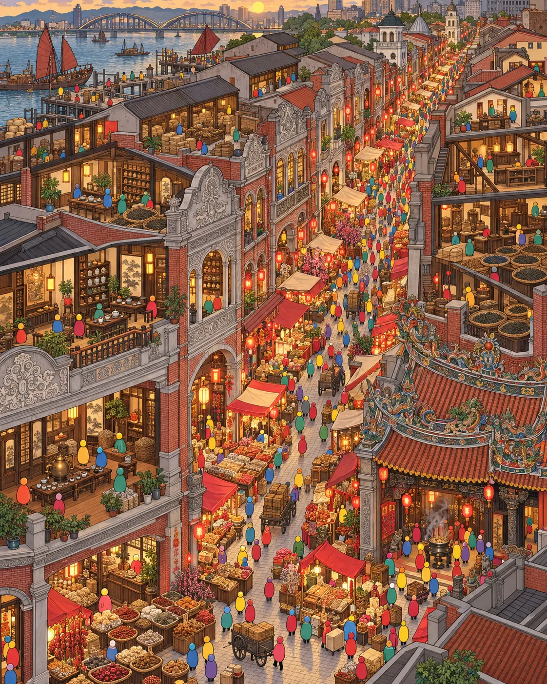 Pintura de Dadaocheng, em Taipé. Casas comerciais compridas com sacos de chá oolong e raízes medicinais secando na calçada. O templo vermelho atrai fiéis com varas de incenso, longe dos shoppings assépticos da capital. Tarde festiva com lanternas vermelhas acesas.