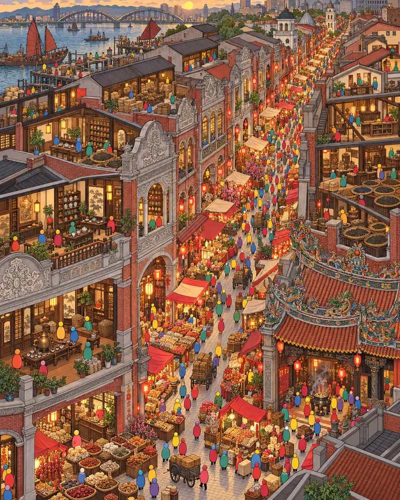 Pintura de Dadaocheng, em Taipé. Casas comerciais compridas com sacos de chá oolong e raízes medicinais secando na calçada. O templo vermelho atrai fiéis com varas de incenso, longe dos shoppings assépticos da capital. Tarde festiva com lanternas vermelhas acesas.