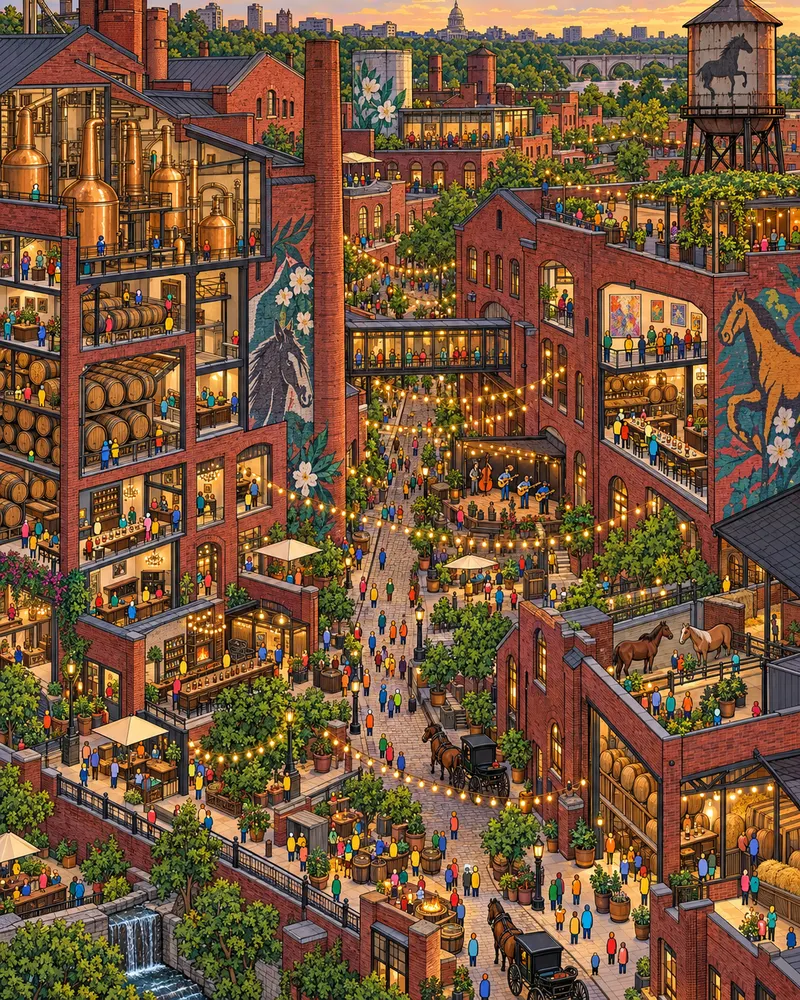 Pintura de Distillery District, em Lexington. Tijolo queimado de antigas destilarias de uísque com lâmpadas incandescentes penduradas no pátio. Poucas coisas explicam o interior americano tão bem quanto copo de bourbon e música de corda. Noite quente sob cordões de lâmpadas.