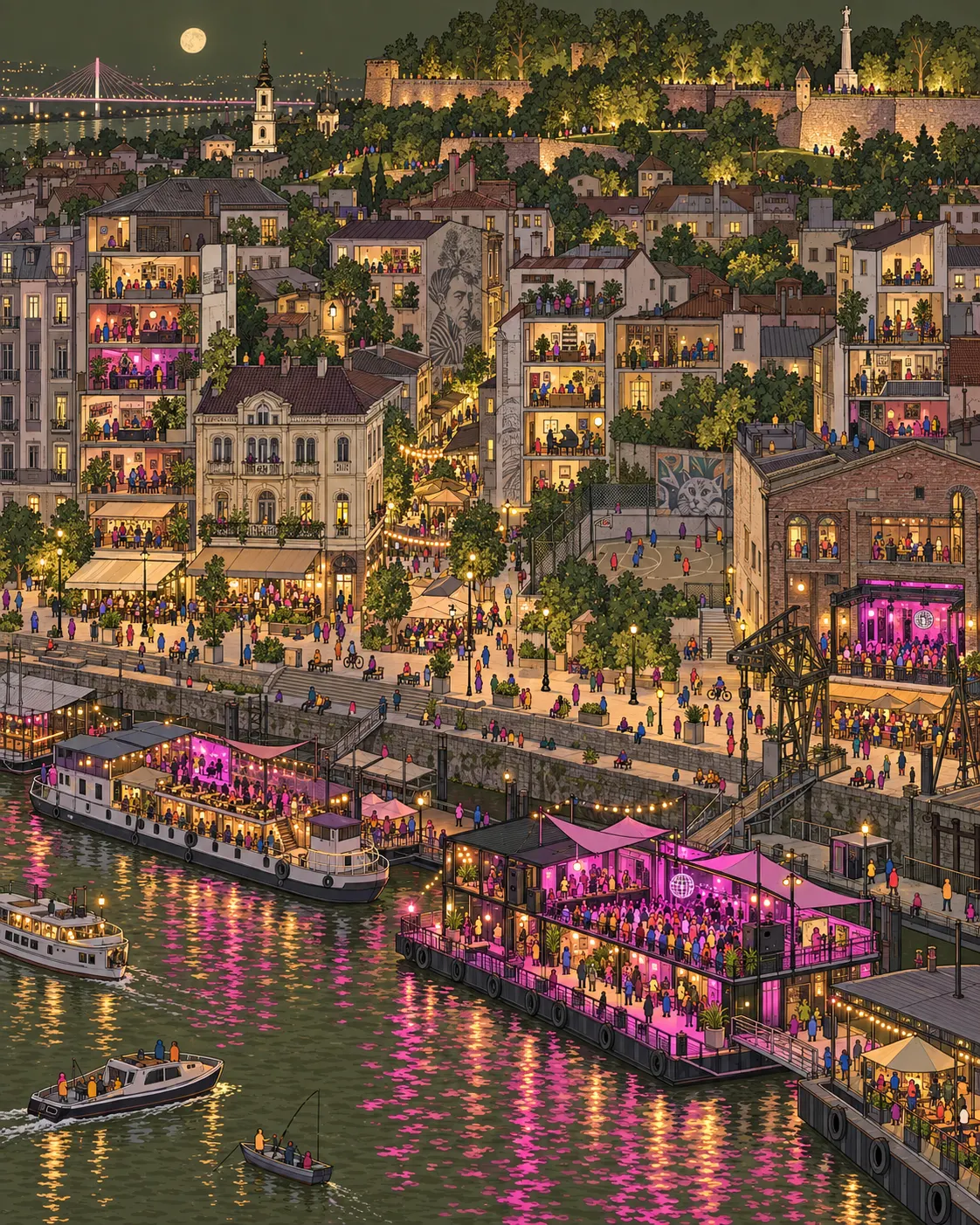Pintura de Dorćol, em Belgrado. Cafeterias simples descem a colina em direção às margens largas do rio Danúbio. À noite, balsas flutuantes viram pistas de dança que ignoram qualquer noção razoável de hora para dormir. Noite quente de verão sobre o Danúbio.
