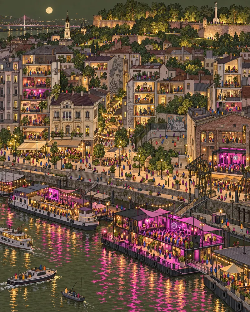 Pintura de Dorćol, em Belgrado. Cafeterias simples descem a colina em direção às margens largas do rio Danúbio. À noite, balsas flutuantes viram pistas de dança que ignoram qualquer noção razoável de hora para dormir. Noite quente de verão sobre o Danúbio.