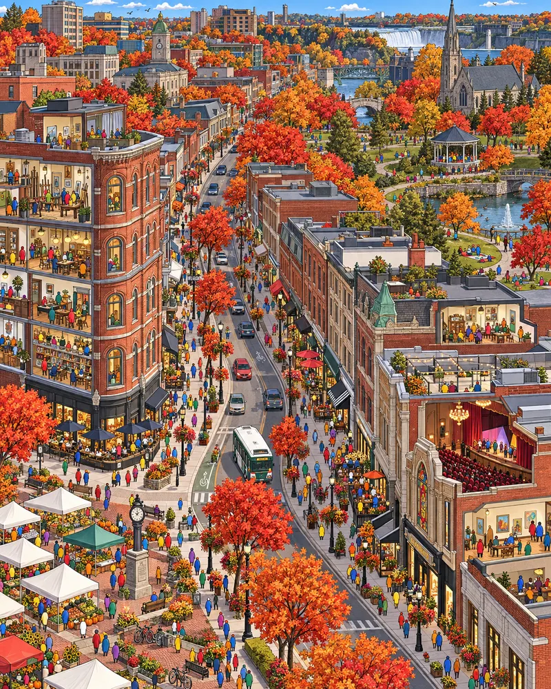 Pintura de Downtown, em St. Catharines. A rua principal faz curva seguindo o velho canal esquecido. Cafés independentes e árvores centenárias no parque mostram que a vida longe de Toronto tem lá suas vantagens. Tarde fresca e límpida de outono.