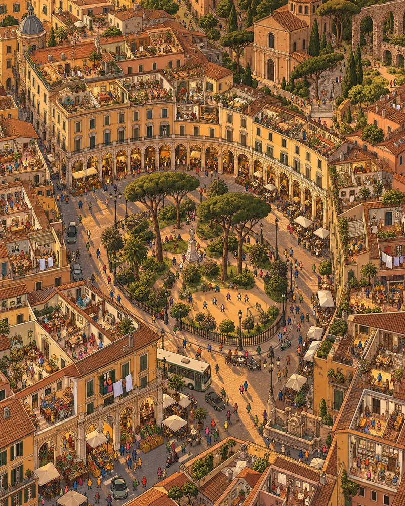 Pintura de Esquilino, em Roma. Arcadas do século dezenove, especiarias orientais e fatias de pizza com crosta estalando. Roma adora fingir que parou no passado, mas aqui a cidade vive no presente imediato. Hora dourada com sombras compridas.