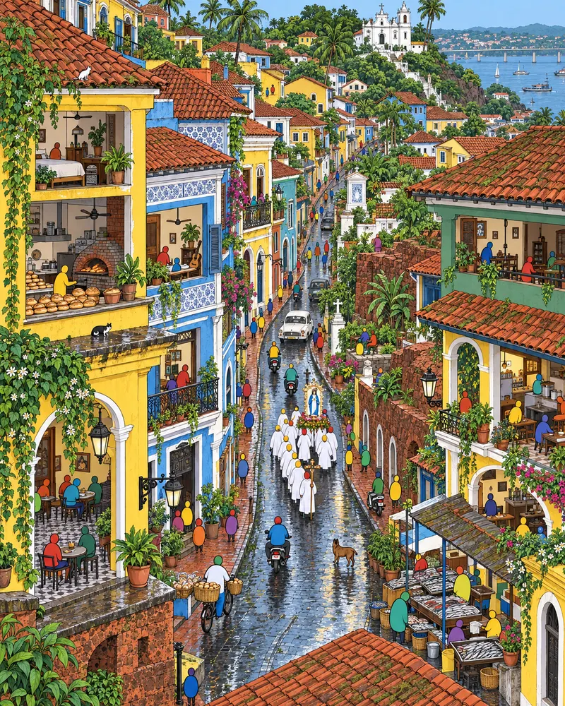 Pintura de Fontainhas, em Panaji. Casas caiadas em amarelo ocre e azul cobalto com janelas feitas de conchas de ostra. Padeiros buzinam em bicicletas antigas nas ruelas estreitas antes que o calor úmido de Goa domine o dia. Manhã úmida e verde depois da chuva.