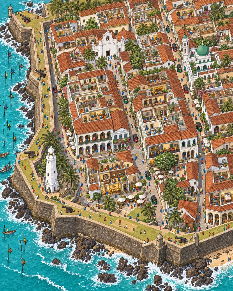 Pintura de Galle Fort, em Galle. Muralhas de pedra holandesas do século dezessete contendo as ondas revoltas do oceano Índico. No fim de tarde, garotos jogam críquete no gramado da fortaleza enquanto o farol branco acende. Fim de tarde dourado sobre as muralhas.