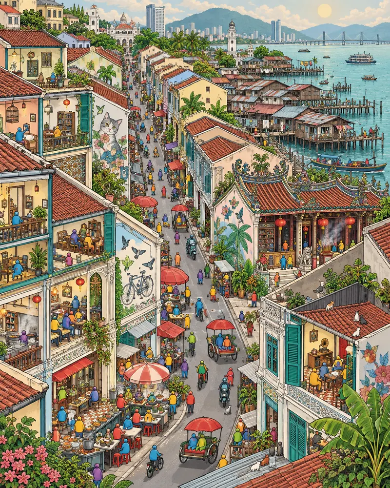 Pintura de George Town, em George Town. Passarelas de madeira sobre estacas avançam mar adentro ao lado de casarões britânicos. O macarrão salteado na panela de ferro solta fogo e fumaça, atraindo filas de clientes suados e felizes. Fim de manhã sob sol quente e abafado.