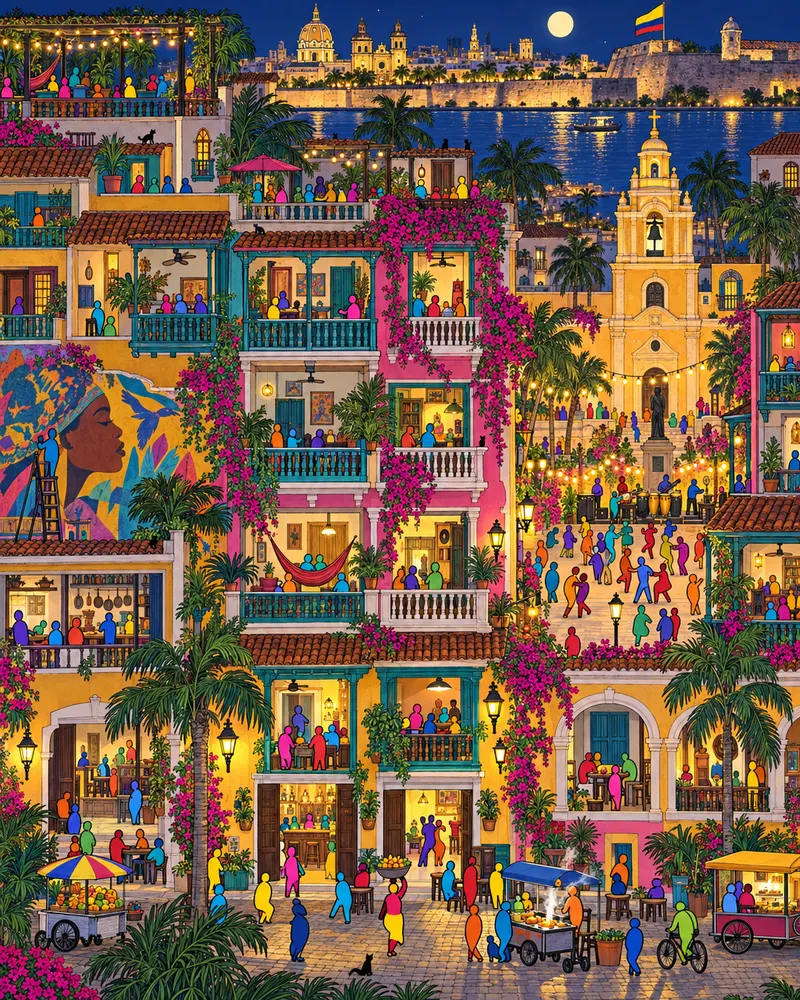 Pintura de Getsemaní, em Cartagena. A praça da Trinidad vira salão de dança popular assim que o calor do sol baixa. Cerveja em garrafa gelada na calçada, batida de salsa no rádio e vizinhos conversando em cadeiras de balanço. Noite abafada com praça em festa.