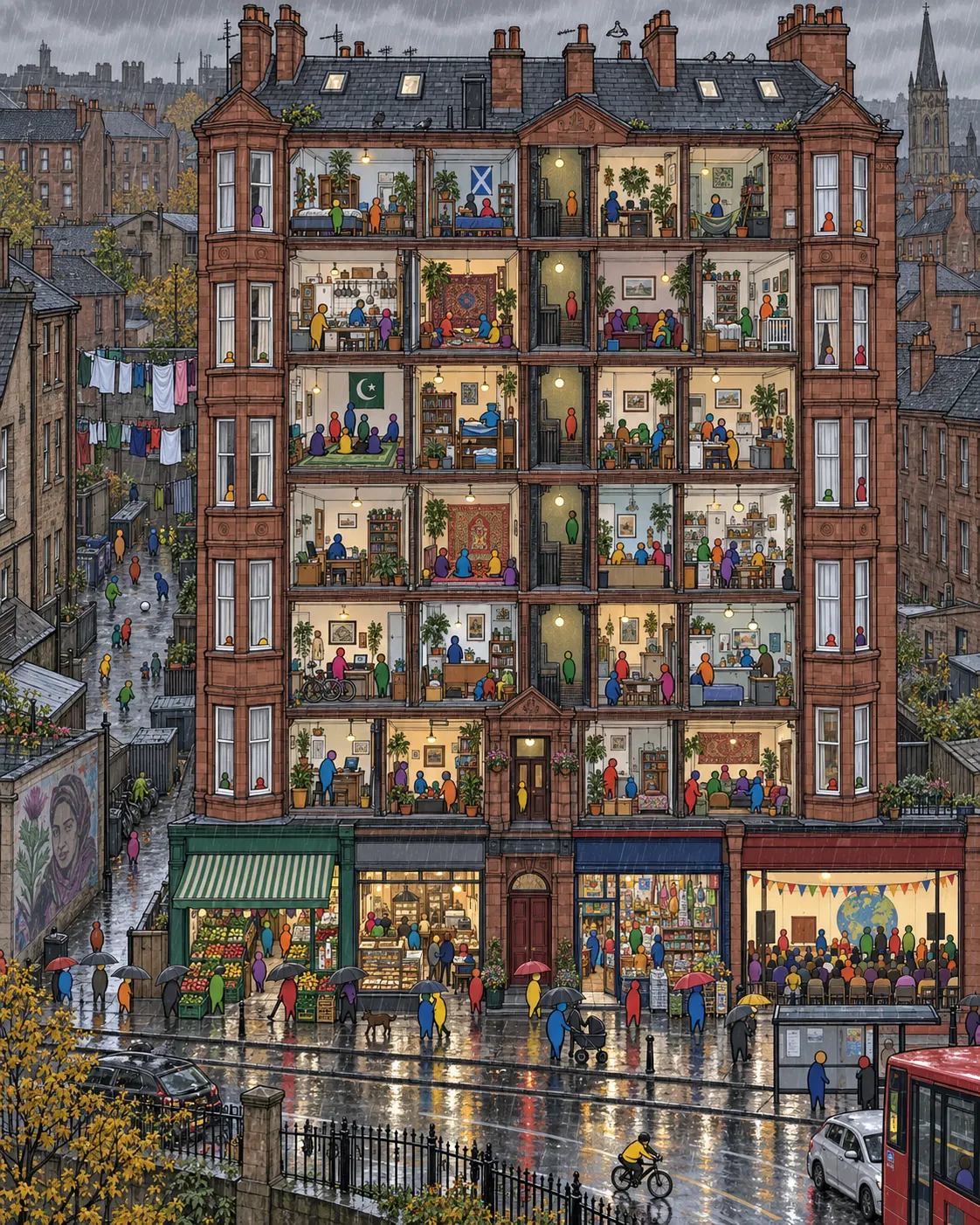 Pintura de Govanhill, em Glasgow. Prédios escuros de arenito vermelho, chuva fina que não para nunca e lojas de tempero do mundo todo. O cinza da Escócia fica bem mais tolerável com comida quente na mesa. Tarde de chuva com calçadas reluzentes.