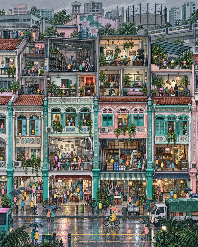 Pintura de Jalan Besar, em Singapura. Casas comerciais com varandas sombreadas misturam lojas de ferragens com café coado no filtro de pano. Singapura vive obcecada por torres novas, mas aqui o chão tem história. Chuva tropical forte no fim da tarde.