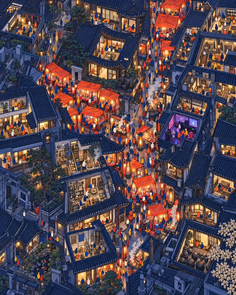 Pintura de Jongno 3-ga, em Seul. Lona laranja, banquinho baixo de plástico e garrafa verde de soju. Prefiro mil vezes a fumaça de carnes nas vielas que qualquer letreiro de neon nos distritos engravatados. Madrugada, com vapor subindo das grelhas.