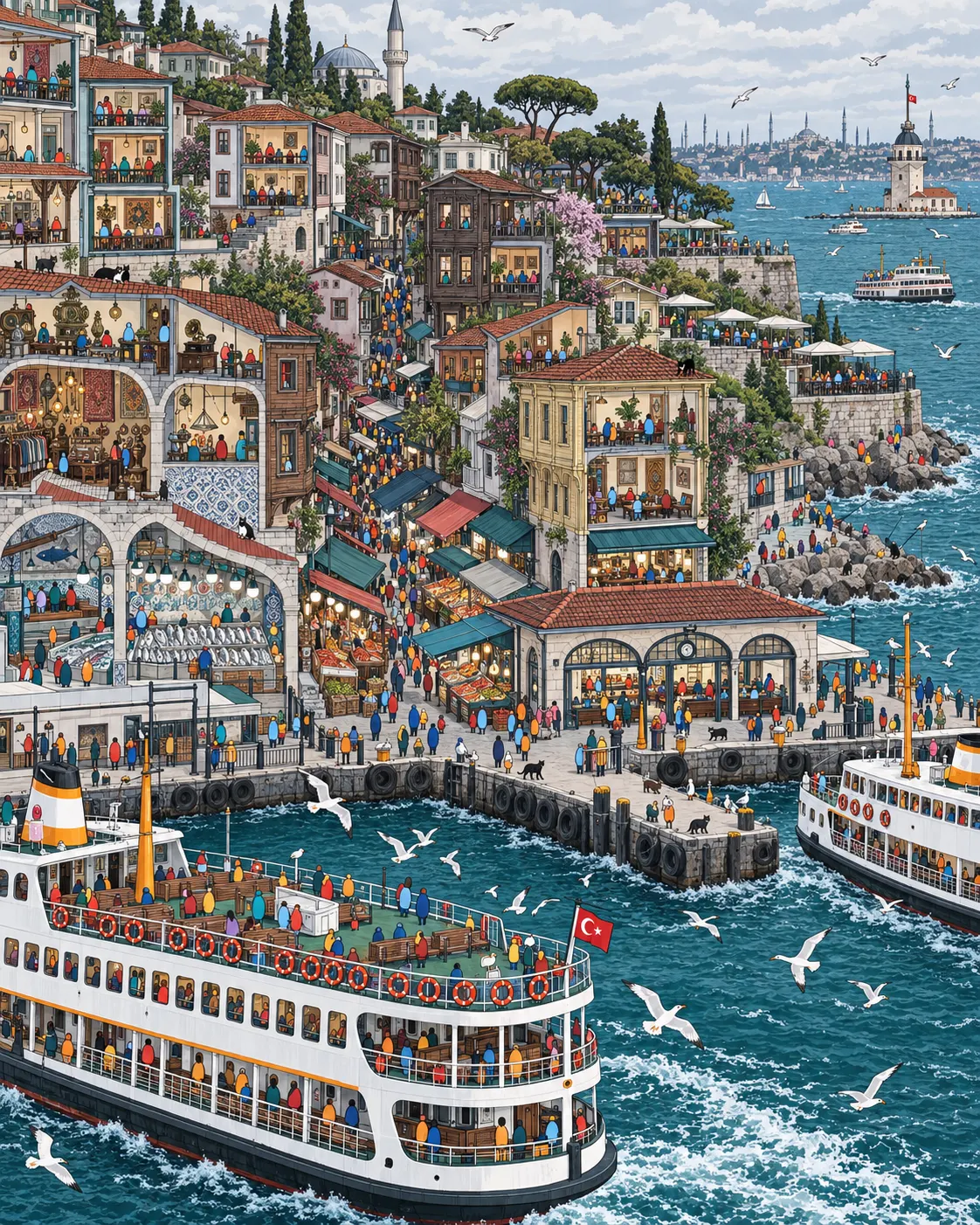 Pintura de Kadıköy, em Istambul. A balsa atraca no lado asiático longe das multidões de turistas da Santa Sofia. Bancas de mexilhão frito, gatos dormindo sobre cadeiras e taças de chá preto quente com vista para o Bósforo. Manhã fresca com gaivotas sobre a água.
