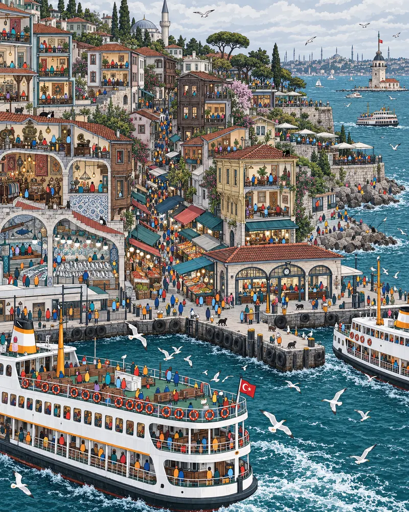 Pintura de Kadıköy, em Istambul. A balsa atraca no lado asiático longe das multidões de turistas da Santa Sofia. Bancas de mexilhão frito, gatos dormindo sobre cadeiras e taças de chá preto quente com vista para o Bósforo. Manhã fresca com gaivotas sobre a água.