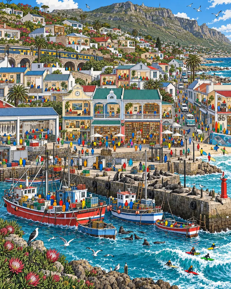 Pintura de Kalk Bay, na Cidade do Cabo. Casas vitorianas encostadas na montanha de pedra e barcos de pesca descarregando peixe fresco no cais. O vento do oceano bate forte na cara, mas o peixe frito com vinagre resolve o dia. Manhã clara com vento marinho forte.