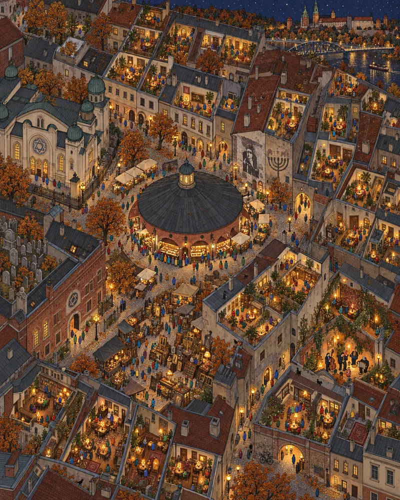 Pintura de Kazimierz, em Cracóvia. A praça central serve baguetes cobertas de cogumelos no quiosque redondo até de madrugada. Sinagogas de pedra e cafés com mesas à luz de velas mostram um bairro que não esquece o passado. Noite fria de outono com velas acesas.