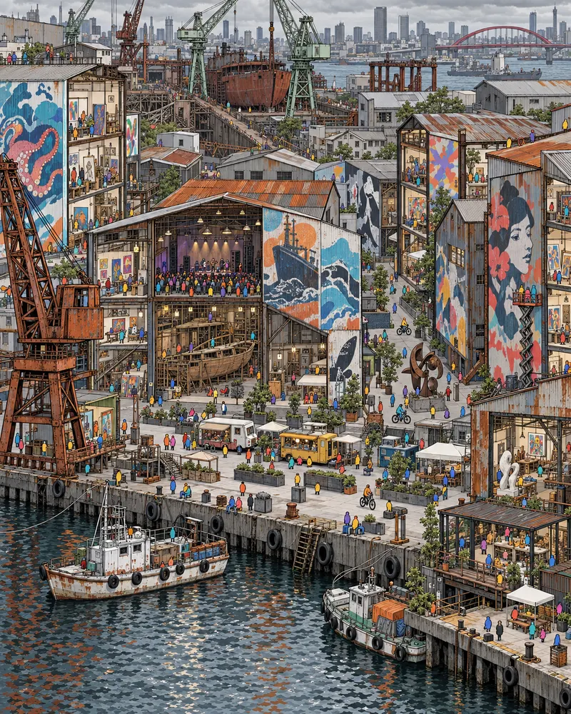 Pintura de Kitakagaya, em Osaka. Antigo estaleiro naval que trocou navios cargueiros por ateliês e murais imensos. O cheiro de ferro fundido ainda ronda o canal, o que acho bem melhor que cheiro de shopping. Manhã nublada de luz industrial chapada.