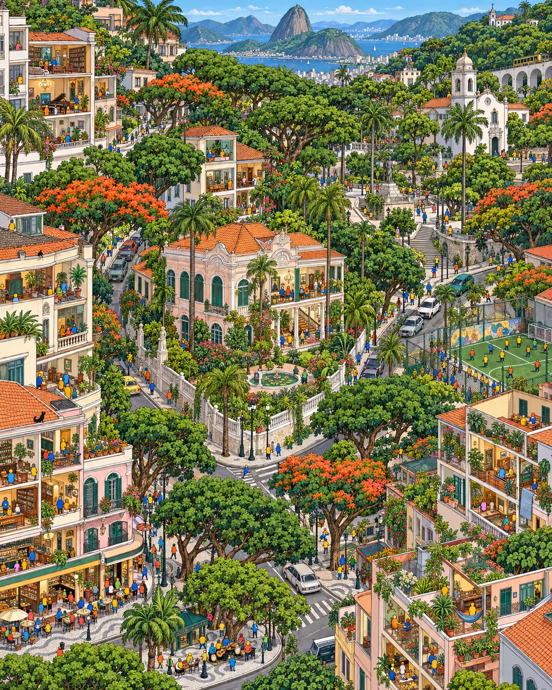 Pintura de Laranjeiras, no Rio de Janeiro. Tem praia no Rio, dizem. Laranjeiras fica longe da areia e não parece sentir falta nenhuma. Choro na praça aos sábados com cerveja de garrafa na calçada. Prefiro assim. Manhã ensolarada sob as árvores.