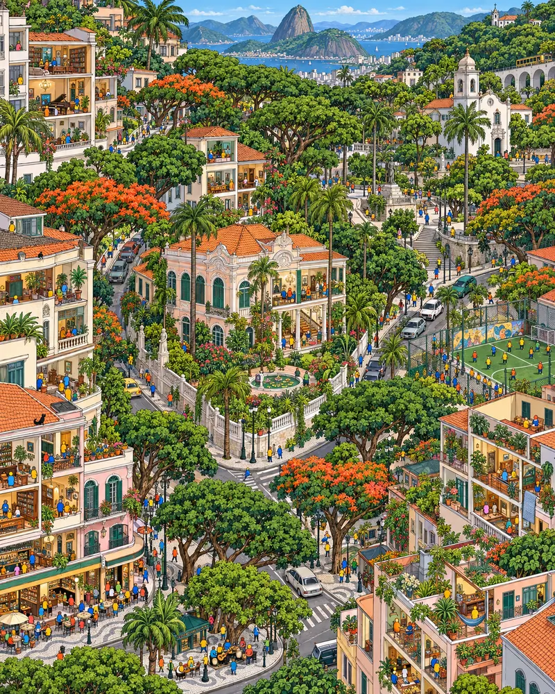 Pintura de Laranjeiras, no Rio de Janeiro. Tem praia no Rio, dizem. Laranjeiras fica longe da areia e não parece sentir falta nenhuma. Choro na praça aos sábados com cerveja de garrafa na calçada. Prefiro assim. Manhã ensolarada sob as árvores.