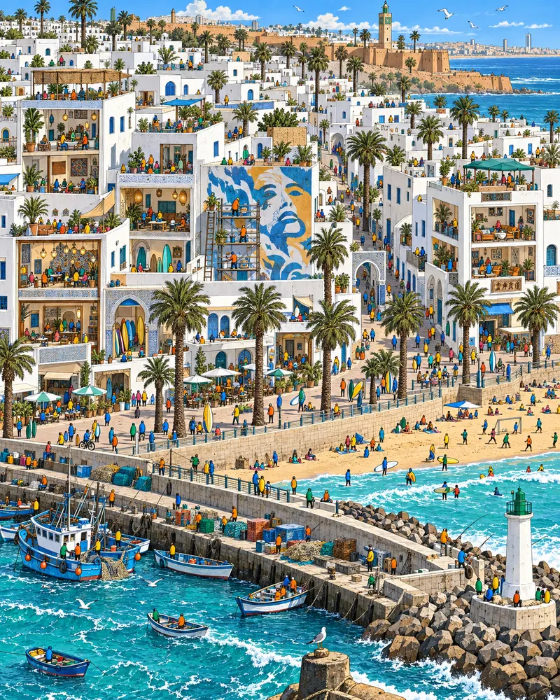 Pintura de L'Ocean District, em Rabat. Branco na parede, Atlântico na frente e vento que não dá trégua. O chá com hortelã esfria rápido demais, mas olhar os barcos voltando para a praia compensa a teimosia. Sol forte com sombras bem definidas.