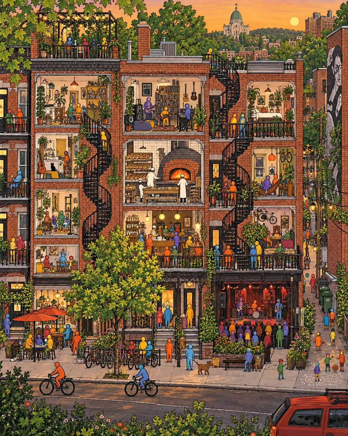 Pintura de Mile End, em Montreal. Escadas de ferro em espiral nas fachadas cinzentas e fornos a lenha assando bagels sem descanso. A fila no frio canadense desanima, mas pegar o pão quentinho direto da pá de madeira compensa. Noite quente de verão nas escadas.