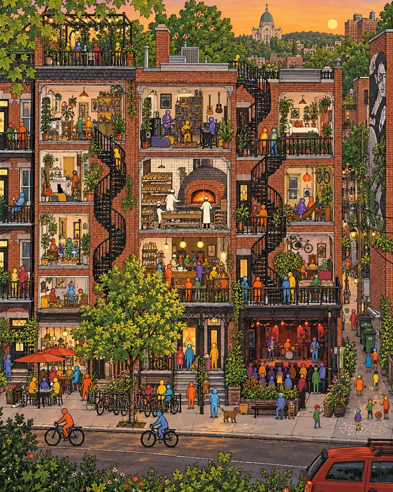 Pintura de Mile End, em Montreal. Escadas de ferro em espiral nas fachadas cinzentas e fornos a lenha assando bagels sem descanso. A fila no frio canadense desanima, mas pegar o pão quentinho direto da pá de madeira compensa. Noite quente de verão nas escadas.