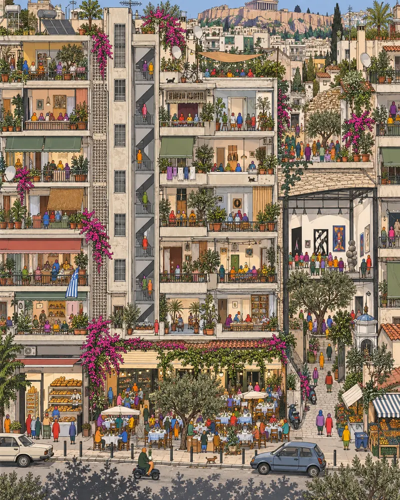 Pintura de Neos Kosmos, em Atenas. A cervejaria velha virou museu de arte moderna e ninguém parece chocado com isso. Bom mesmo é pedir polvo na brasa no boteco da esquina enquanto o bonde range no asfalto. Fim de tarde quente sob luz branca.