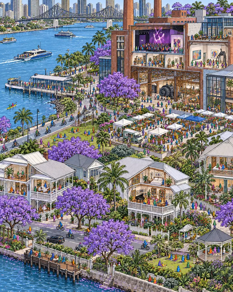 Pintura de New Farm, em Brisbane. A velha usina elétrica de tijolo virou casa de espetáculos na beira do rio lamacento. Casarões de madeira suspensos em pilotis olham jacarandás floridos sob calor subtropical constante. Manhã quente de sol subtropical.