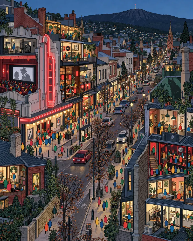 Pintura de North Hobart, em Hobart. Chalés simples de madeira e um cinema centenário na encosta do monte kunanyi. A Tasmânia parece o fim do mundo para quase todo mundo, o que me parece um excelente motivo para ficar aqui. Noite fria sob céu límpido.