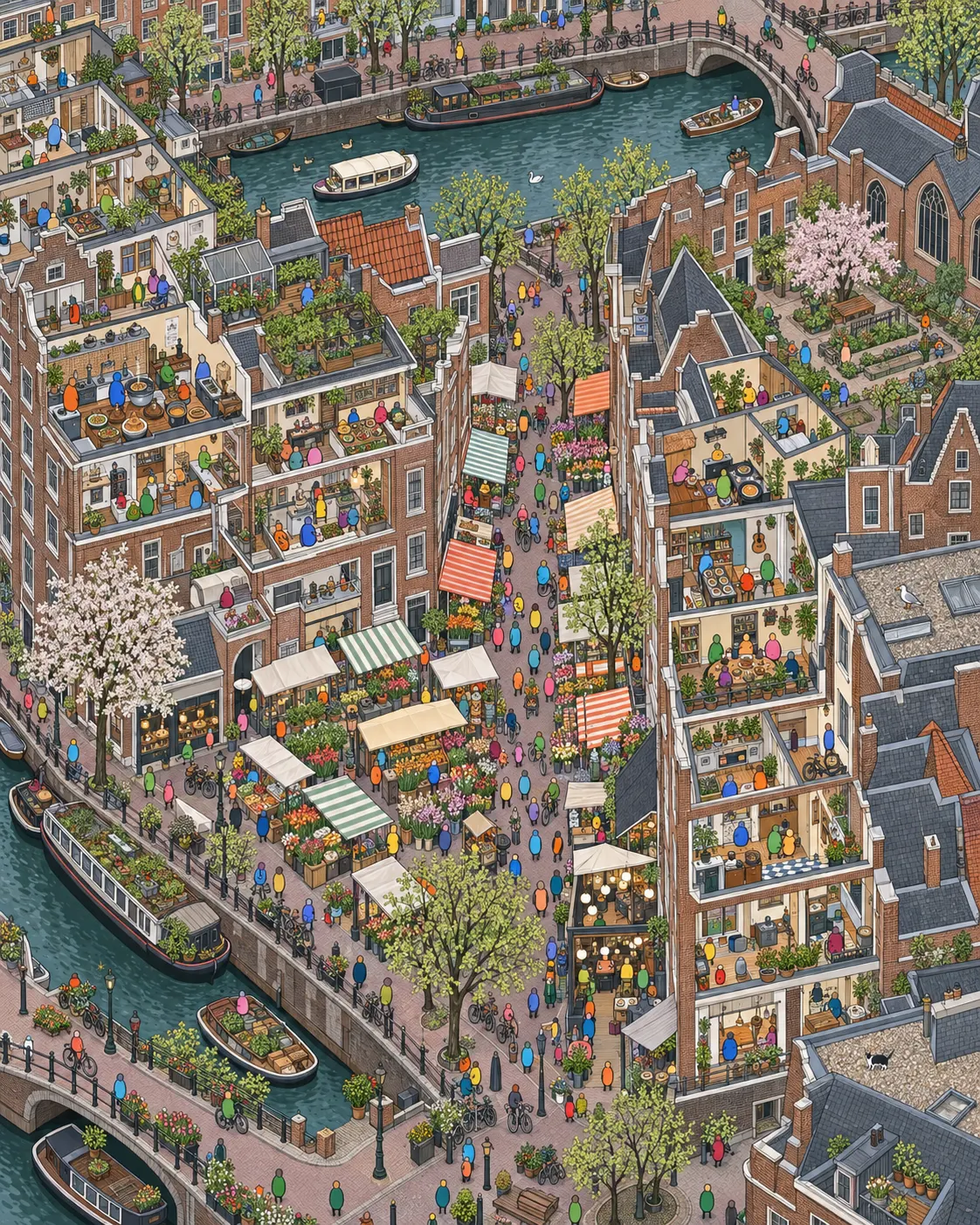Pintura de Oost, em Amsterdã. Fachadas severas de tijolo da escola de arquitetura local e barracas de mercado ao ar livre com queijo e arenque. Menos bicicletas de turistas perdidos e muito mais vida de verdade. Manhã cinzenta e suave de primavera.
