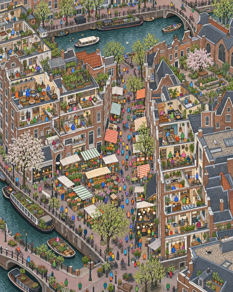 Pintura de Oost, em Amsterdã. Fachadas severas de tijolo da escola de arquitetura local e barracas de mercado ao ar livre com queijo e arenque. Menos bicicletas de turistas perdidos e muito mais vida de verdade. Manhã cinzenta e suave de primavera.