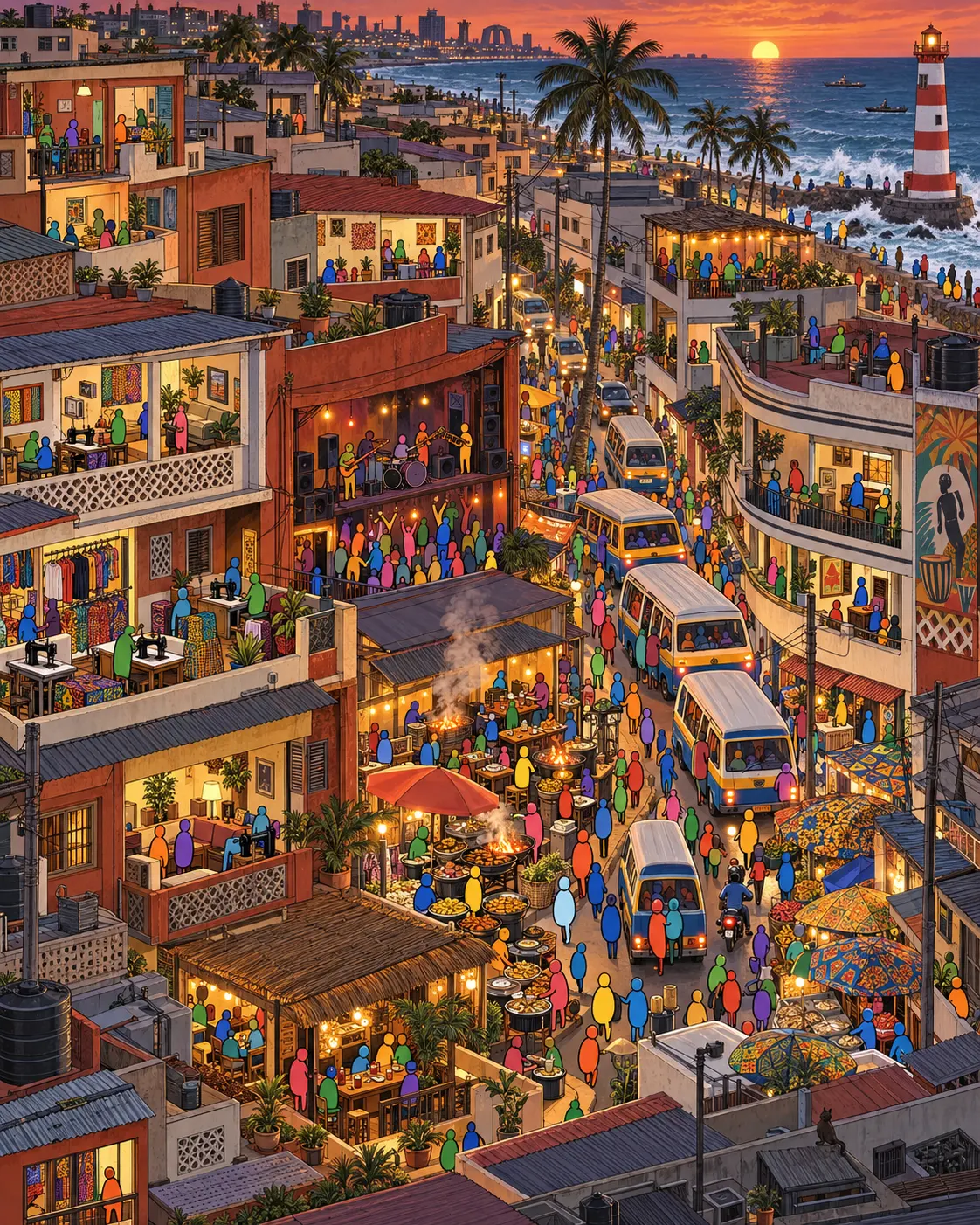 Pintura de Osu, em Acra. Cantonments Road não fecha os olhos. Carrinhos na calçada fritam banana com gengibre e o som de highlife estala nos alto falantes. Quem procura silêncio cometeu um erro grave ao vir para cá. Noite quente iluminada por grelhas acesas.