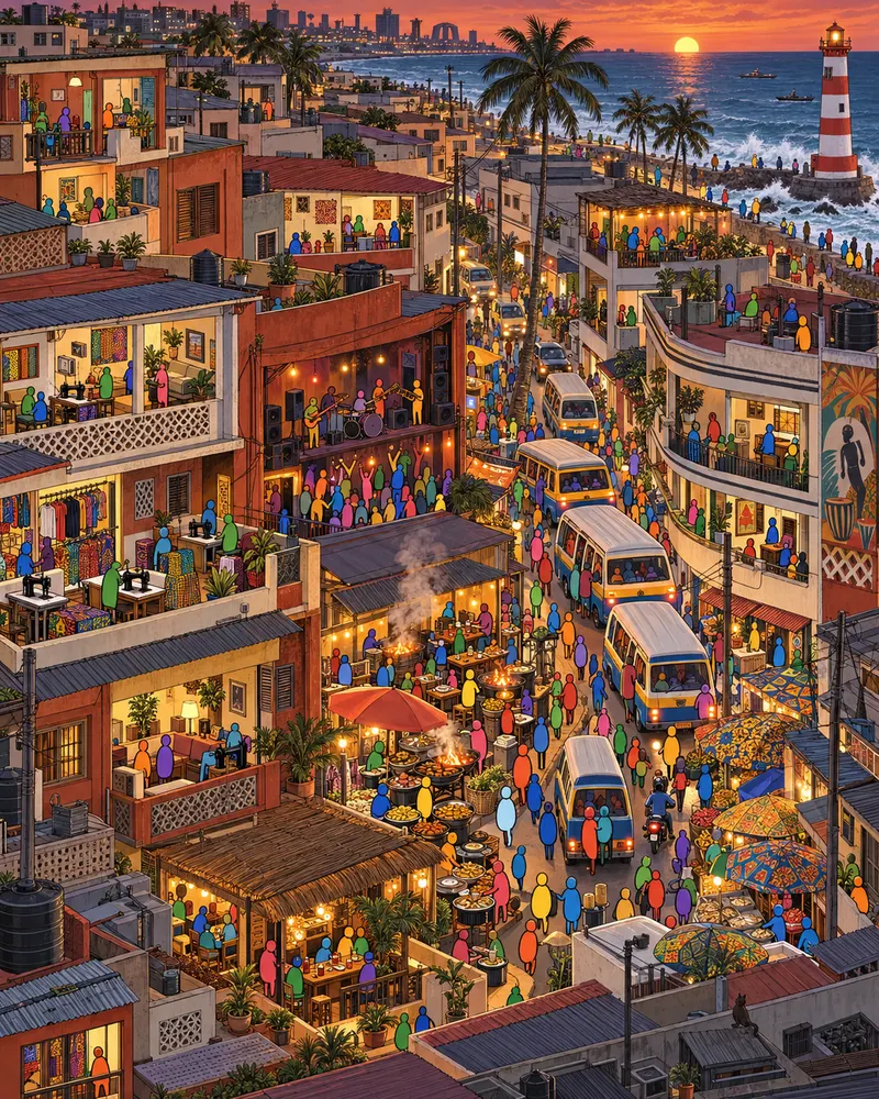 Pintura de Osu, em Acra. Cantonments Road não fecha os olhos. Carrinhos na calçada fritam banana com gengibre e o som de highlife estala nos alto falantes. Quem procura silêncio cometeu um erro grave ao vir para cá. Noite quente iluminada por grelhas acesas.