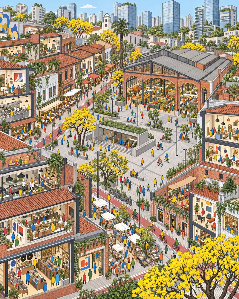 Pintura de Pinheiros, em São Paulo. O Largo da Batata é grande, duro e quase sem sombra, e mesmo assim é onde todo mundo marca. O mercado ao lado compensa, e em agosto os ipês amarelos fazem o resto. Manhã seca de inverno com ipês em flor.