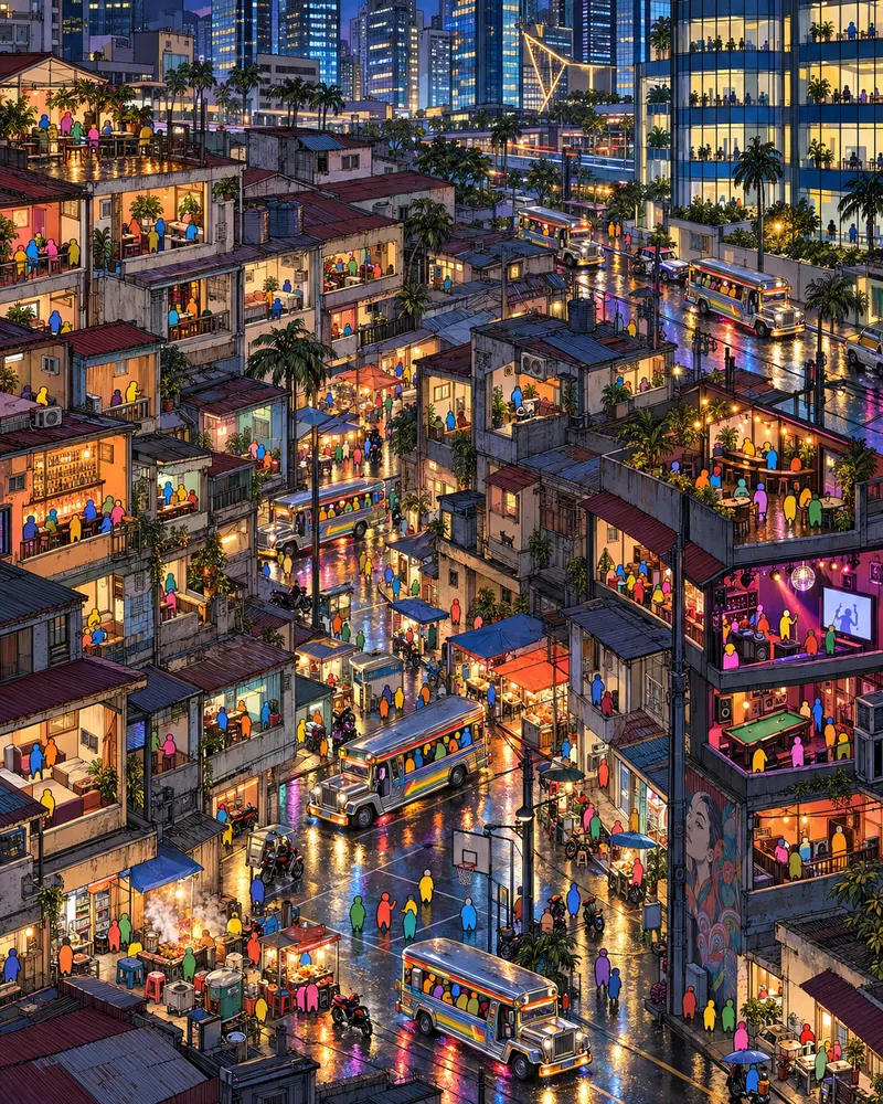Pintura de Poblacion, em Makati. Espetinhos de churrasco na brasa na calçada e jipes coloridos espremidos entre torres de vidro. Entre bares pequenos e karaokês barulhentos, a noite de Manila acontece sem pose nem filtro. Noite abafada com poças no asfalto.