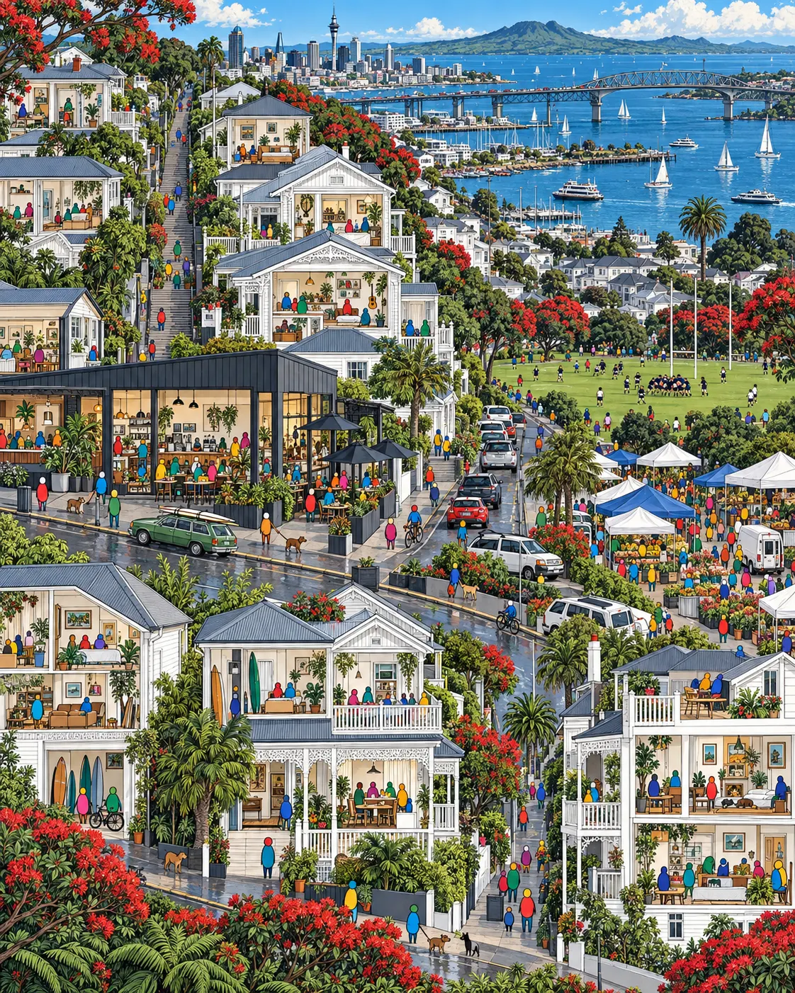 Pintura de Ponsonby, em Auckland. Vilas vitorianas de madeira com varandas brancas acompanham a crista da colina com vista para o porto. Cafés exigentes tiram espresso impecável, mantendo a pose que a vizinhança adora exibir. Manhã fresca e límpida após a chuva.