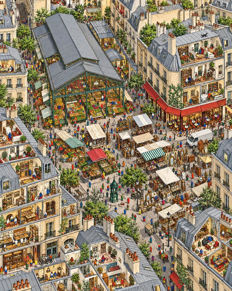 Pintura de Quartier d'Aligre, em Paris. O mercado de ferro coberto abre cedo para vender queijo curado e rabanetes frescos. Paris costuma ser pedante, mas no balcão de zinco desta praça o vinho da casa custa pouco e desce fácil. Manhã cedo com movimento de feira.