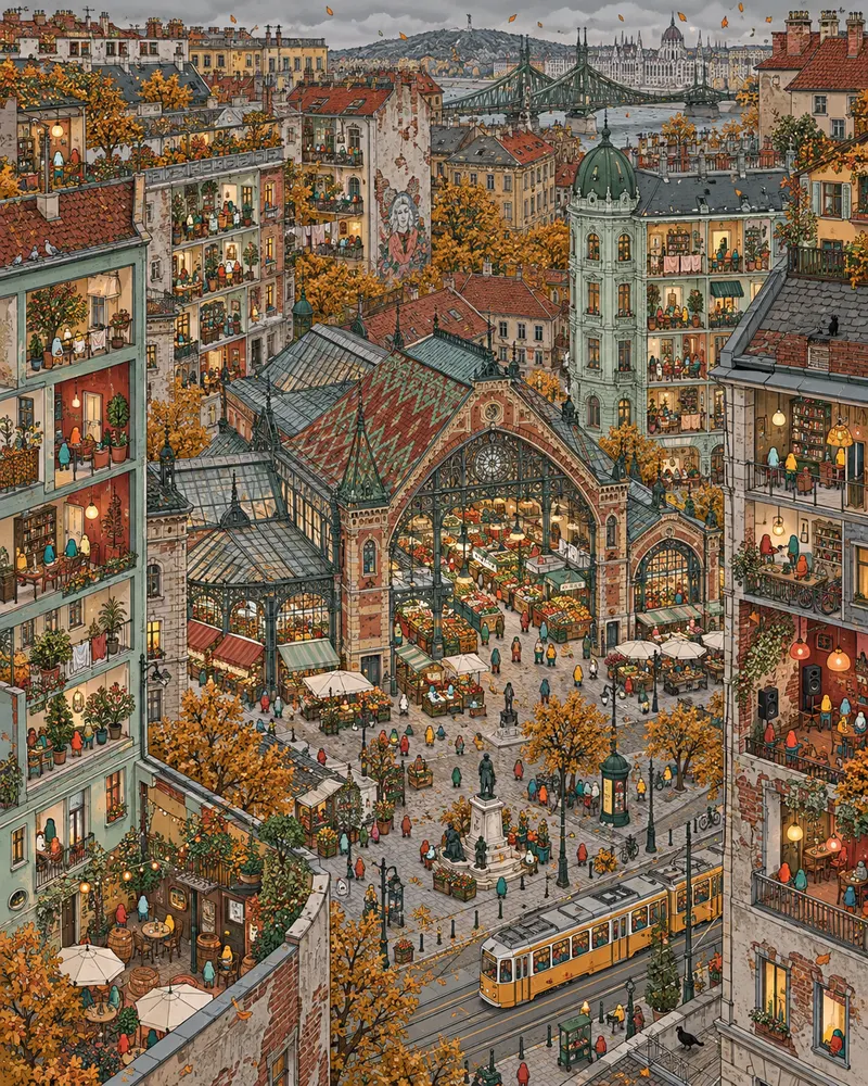 Pintura de Rákóczi tér, em Budapeste. O mercado coberto de ferro vende páprica em pó e repolho azedo no quarteirão oito. Entre pátios internos desgastados e o bonde amarelo, o bairro não gasta tempo com afetação. Tarde fria de outono com folhas.