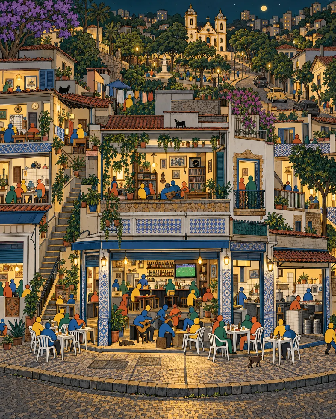 Pintura de Santa Tereza, em Belo Horizonte. Casas baixas com muros de grade, praça pacata e botecos de esquina onde o queijo canastra vem fatiado na tábua. Não há pressa alguma por aqui, e ai de quem tentar inventar correria. Noite serena com botecos iluminados.