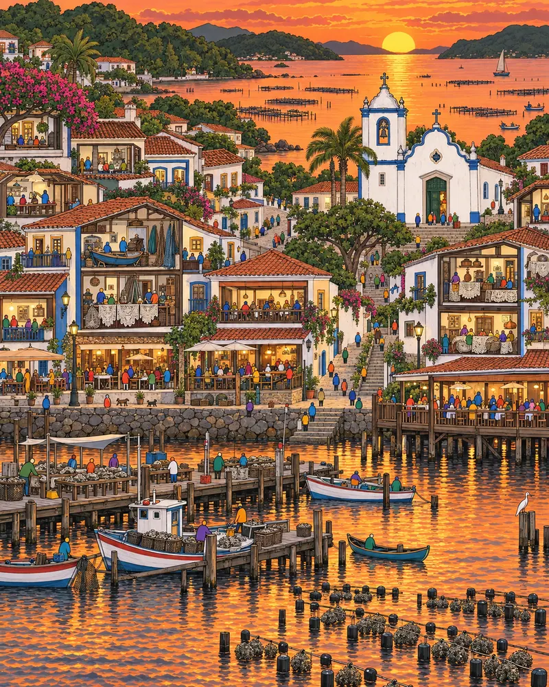 Pintura de Santo Antônio de Lisboa, em Florianópolis. Pequenas casas açorianas de pedra coladas na areia grossa da praia calma. Ostras frescas tiradas das fazendas marinhas chegam à mesa com limão, sem firula, do jeito que o mar manda. Pôr do sol alaranjado na baía.