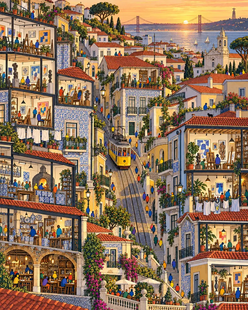 Pintura de São Bento, em Lisboa. Antiquário em quase toda porta, ladeira em todas as outras. As pernas reclamam, o fim de tarde resolve. Se for comprar alguma coisa, que seja pequena. A volta é subida. Luz dourada e rasante de tarde.