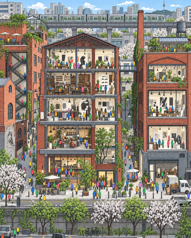 Pintura de Seongsu-dong, em Seul. Fábricas velhas de calçados de couro convertidas em cafés monumentais de concreto bruto. O trem elevado corta o céu e lembra que este canto trabalhou duro antes de virar vitrine de design. Manhã fria de primavera sob céu limpo.