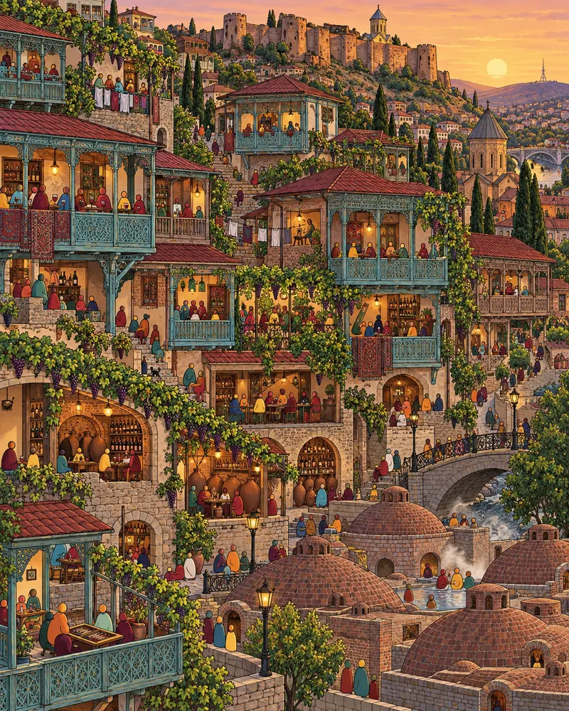 Pintura de Sololaki, em Tbilisi. Casas antigas com sacadas de madeira entalhada encostadas nas encostas da velha fortaleza. O vinho fermentado em ânforas de barro desce generoso e acompanha pães recheados de queijo quente. Fim de tarde quente de verão.