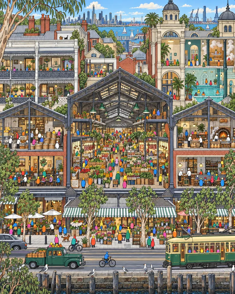 Pintura de South Melbourne, em Melbourne. Galpões de ferro de 1867 vendendo ostras frescas e pasteis chineses no vapor. Melbourne leva café a sério até demais, mas aqui no mercado a conversa fiada na bancada é o que importa. Manhã ensolarada de sábado no mercado.